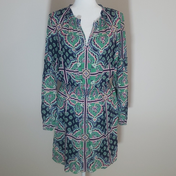 Long Sleeve Ruffle Split Neck Printed Peasant Dres - Picture 4 of 8